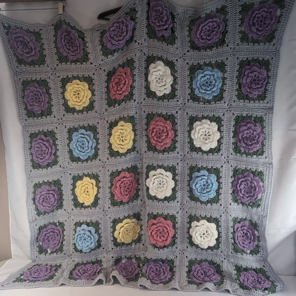 Vintage Crochet 3D Floral Blanket Grey Multi Flower Handmade Granny Square 54"